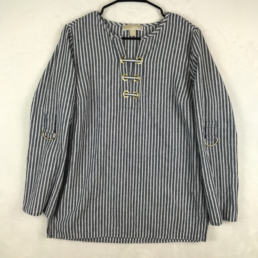 Michael Kors Shirt Womens Sz 8 Blue White Striped V-Neck Collarless Linen Blend